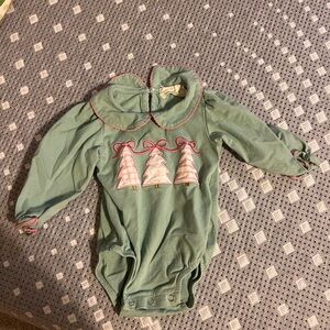 Pretty greenish color Baby Onesie with Christmas Tree Design